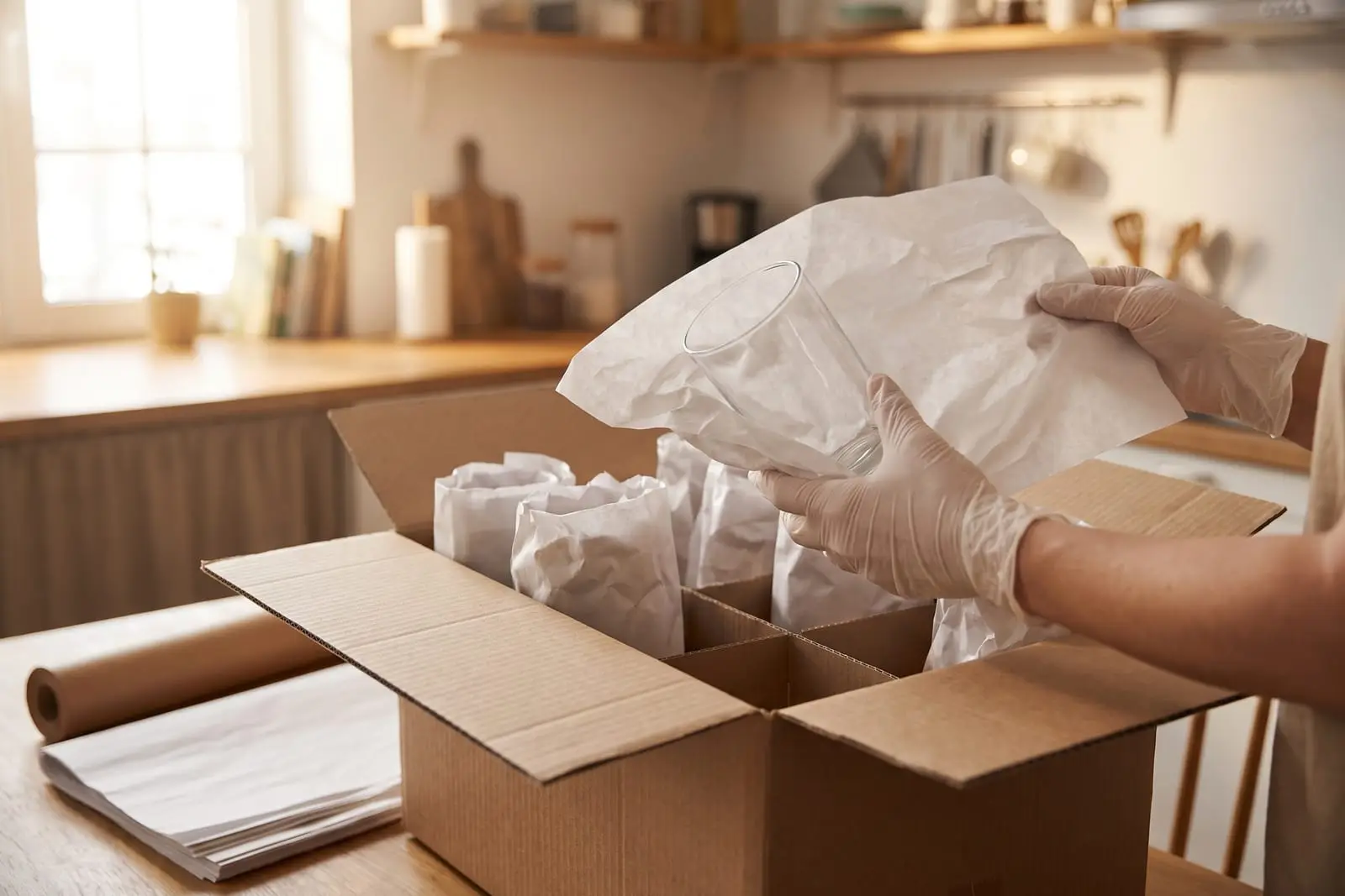 Zwei Hände wickeln ein Glas in Packpapier und stellen es in einen Karton mit Einsatz