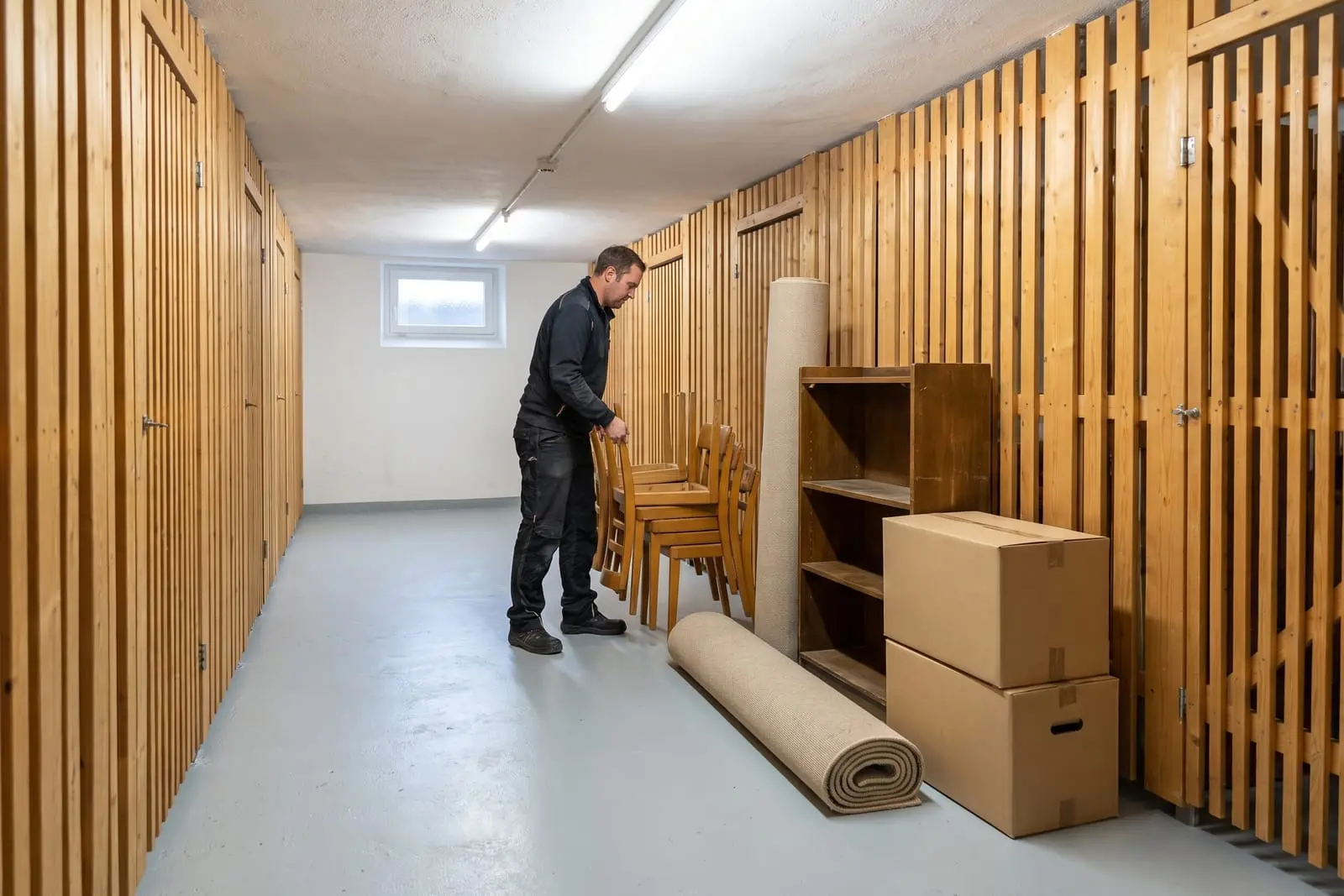Kellergang mit Holzverschlägen, ein Helfer trägt gestapelte Stühle heraus, daneben ein Teppichrolle und Kartons