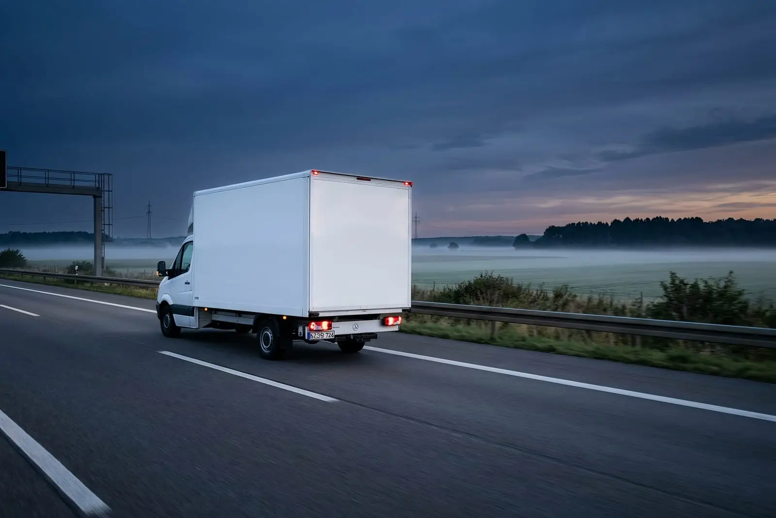 Weißer Umzugstransporter mit Kofferaufbau auf einer leeren Autobahn im blauen Morgenlicht