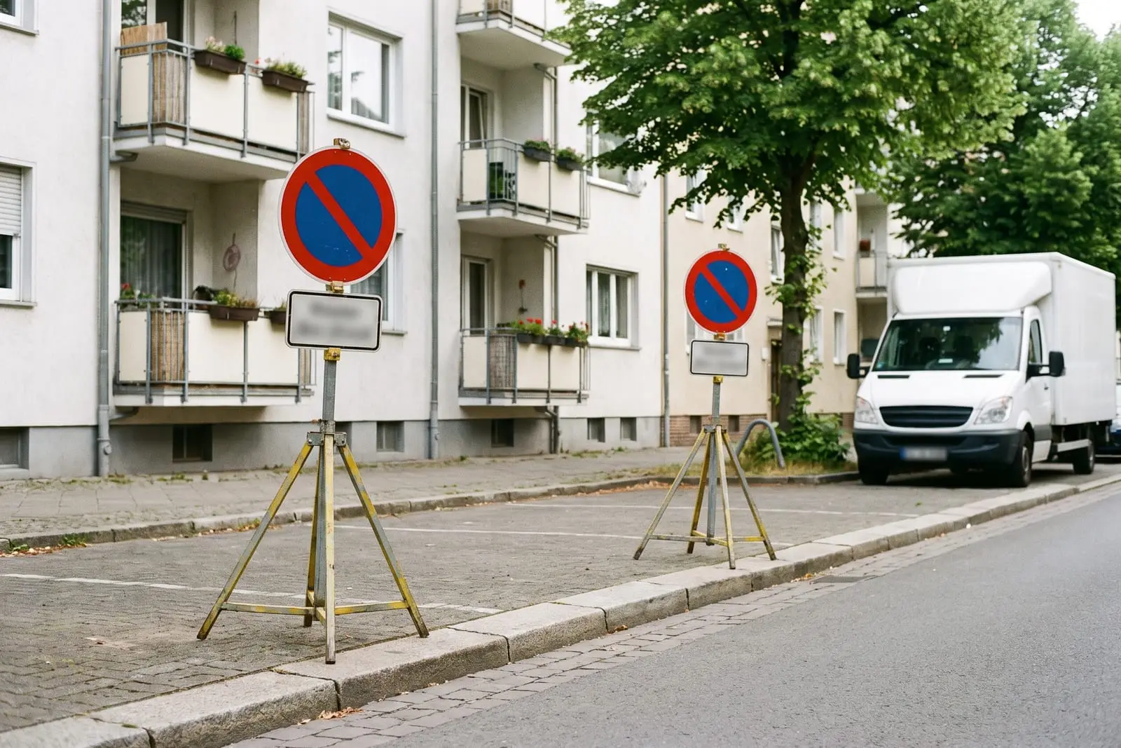 Zwei mobile Halteverbotsschilder auf Ständern am Straßenrand einer Wohnstraße, dahinter wartet ein Transporter