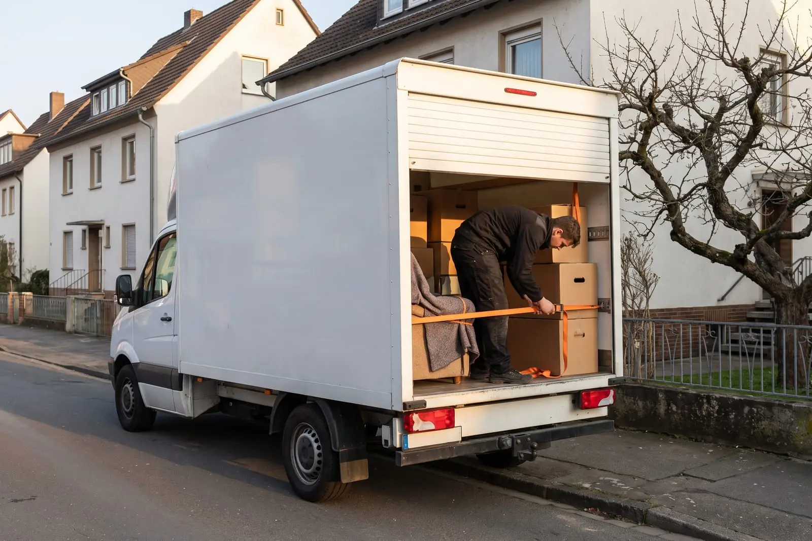 Ein Umzugshelfer zurrt Kartons und in Decken gewickelte Möbel im Kofferaufbau eines Transporters fest