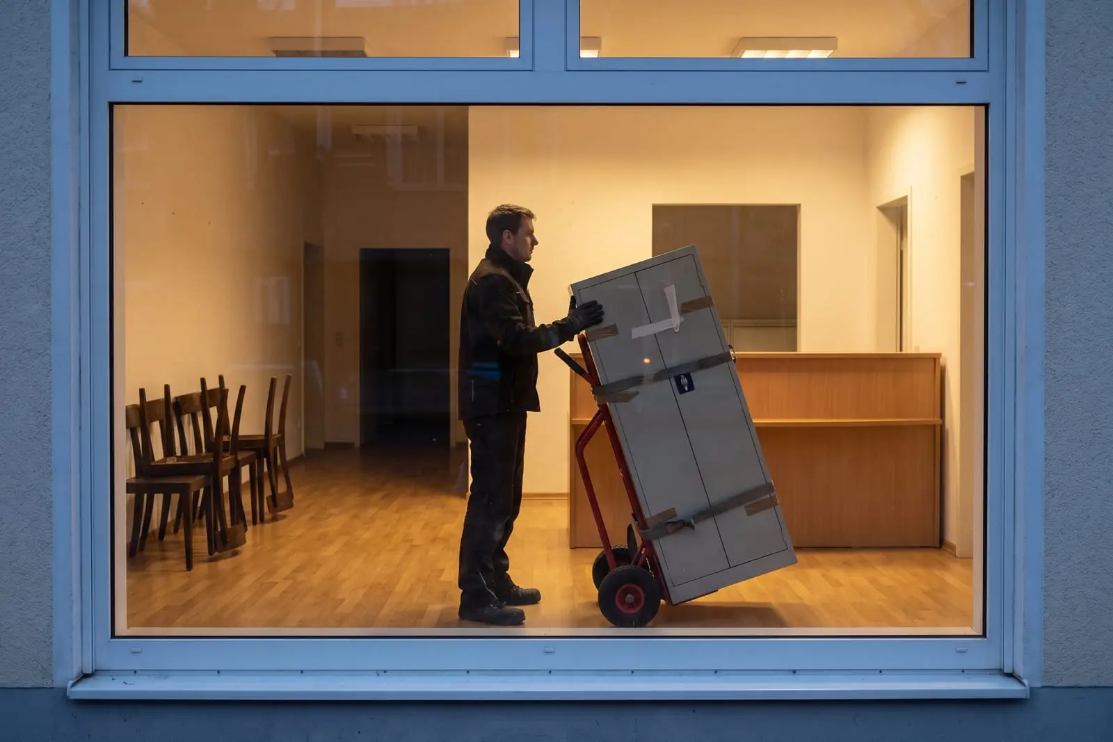 Geräumtes Wartezimmer einer Praxis, gestapelte Stühle und ein verschlossener Aktenschrank auf einer Sackkarre