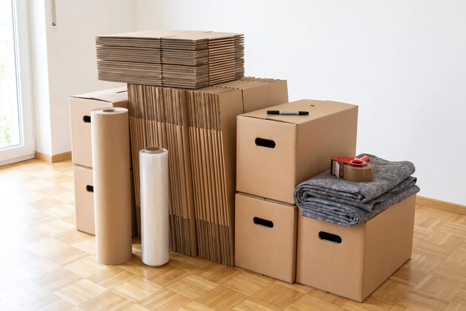 Gestapelte neue Umzugskartons mit Packpapier, Stretchfolie, Klebeband und Möbeldecken in einem leeren Zimmer