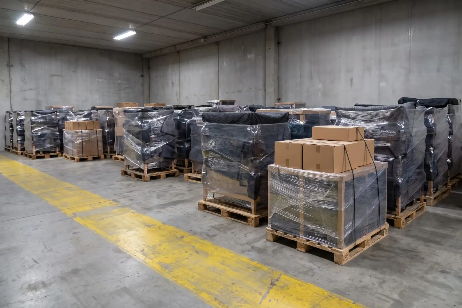 In Folie und Decken verpackte Möbel stehen auf Paletten in einer schlichten Lagerhalle